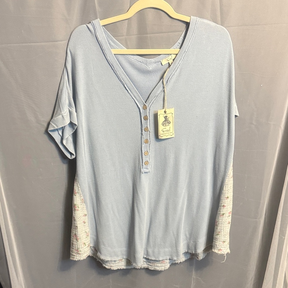Easel Oversized Light Blue Button-Down Henley Top with Patterned Side Panels